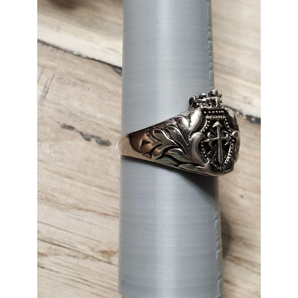 Vintage Medieval Heraldic Signet Ring 316L Stainless Steel Crown Cross Shield